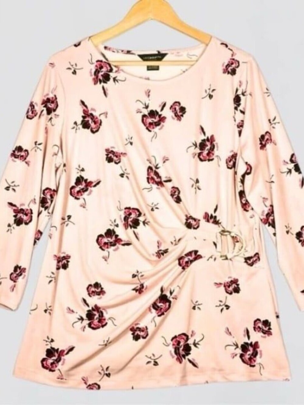 Liz Claiborne Career Pink Floral Print Ring-Buckle Ruched Blouse Size L